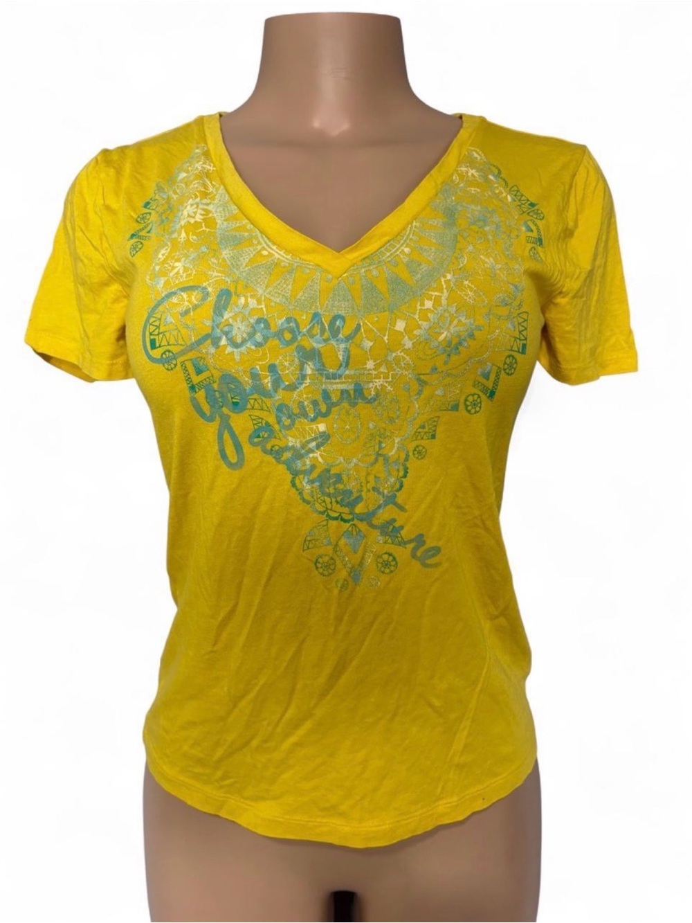 Green Apple Yellow V-Neck Graphic Tee with Teal Print